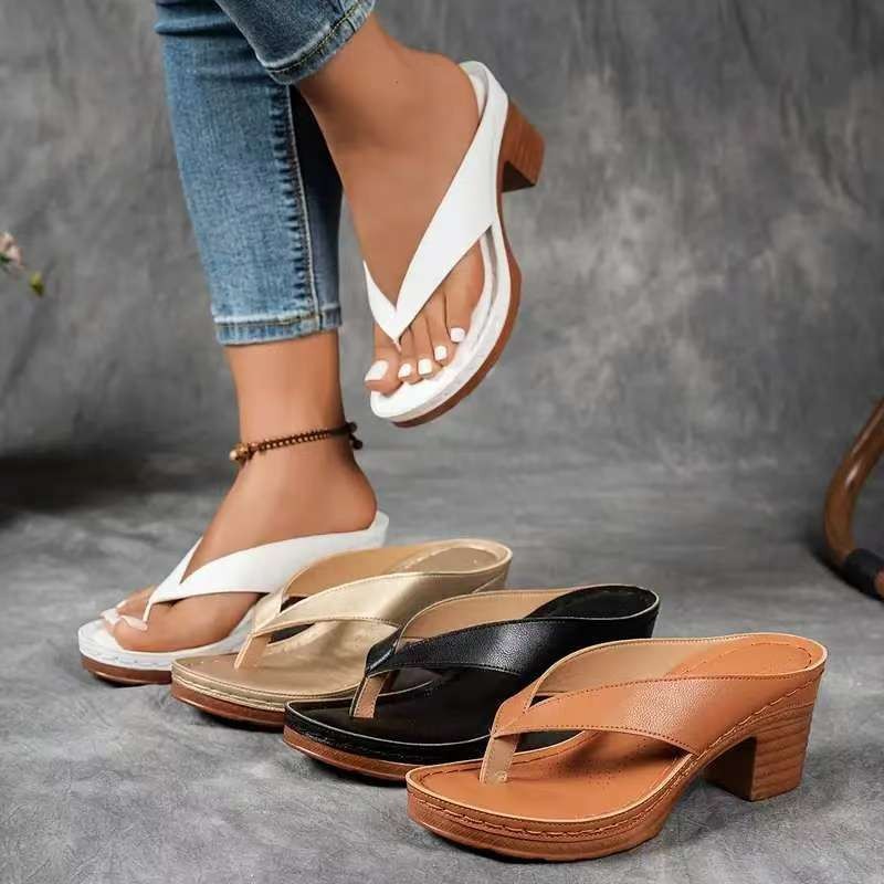 Zomer slippers schoenen, modieuze effen kleur vierkante hak sandalen, dames sleehak slippers schoenen