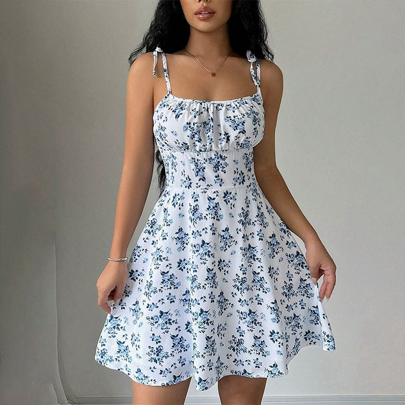 Bloemenprint jurk, zomerse zoete A-lijn, taille-accentuerende jurken, dames afslankende casual kleding