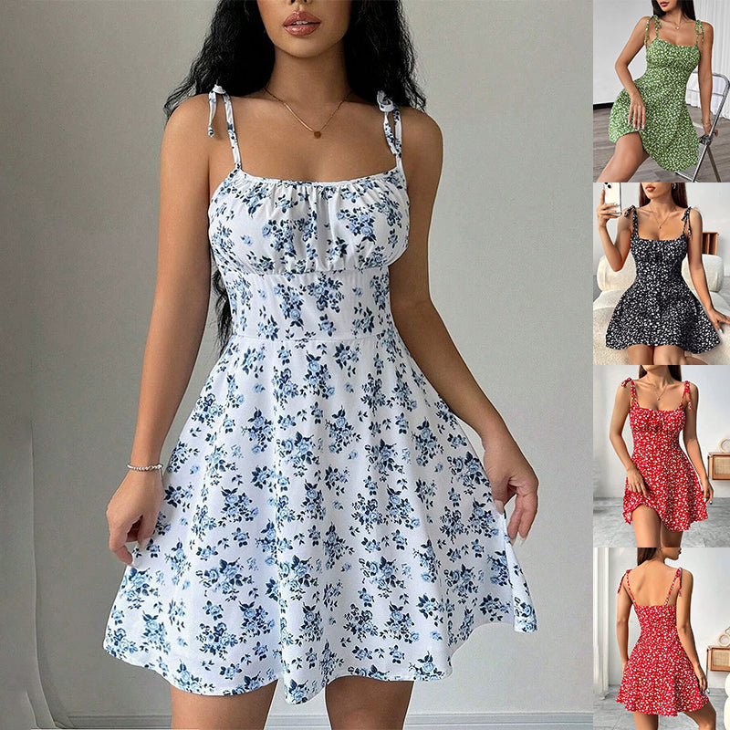 Bloemenprint jurk, zomerse zoete A-lijn, taille-accentuerende jurken, dames afslankende casual kleding