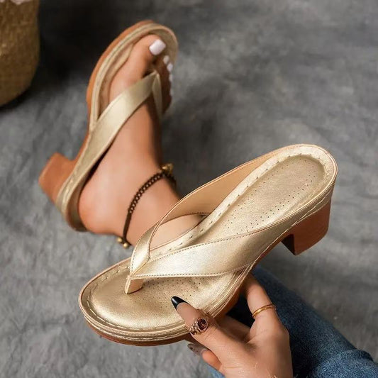 Zomer slippers schoenen, modieuze effen kleur vierkante hak sandalen, dames sleehak slippers schoenen