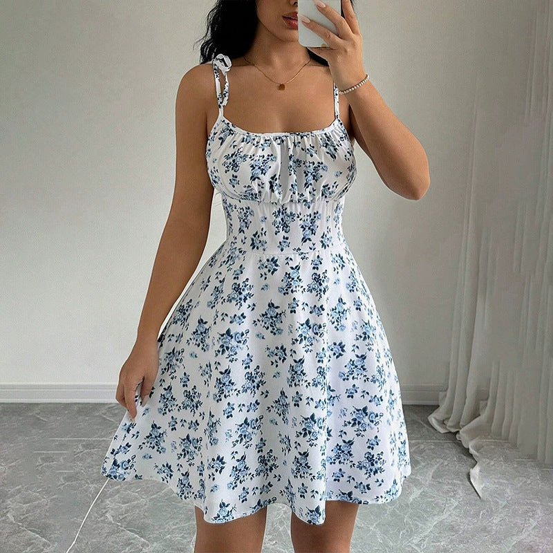 Bloemenprint jurk, zomerse zoete A-lijn, taille-accentuerende jurken, dames afslankende casual kleding