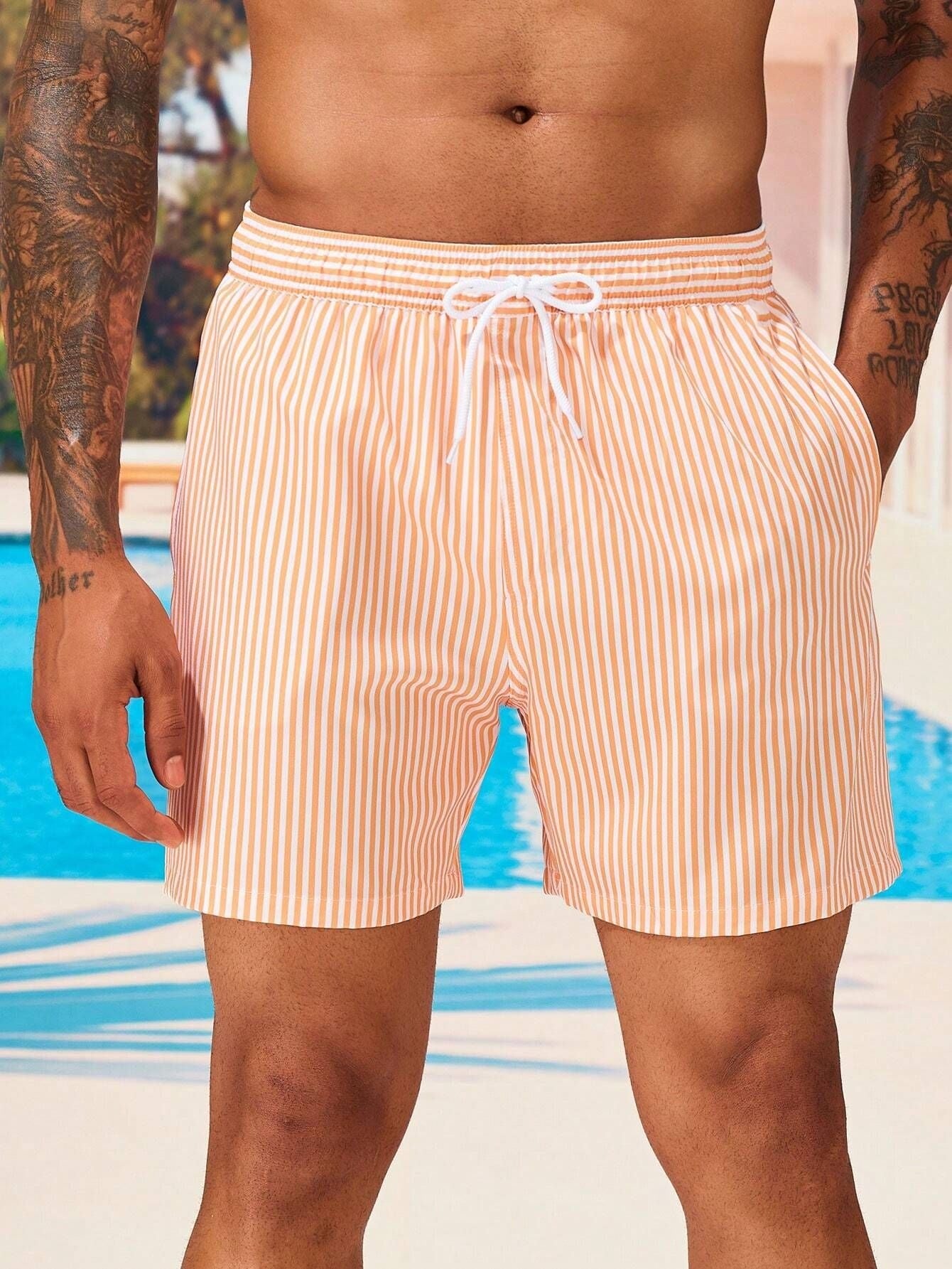 Heren 3D gestreepte print shorts, zomerse casual lichte strandbroek