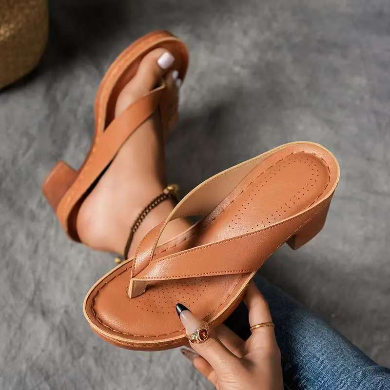 Zomer slippers schoenen, modieuze effen kleur vierkante hak sandalen, dames sleehak slippers schoenen